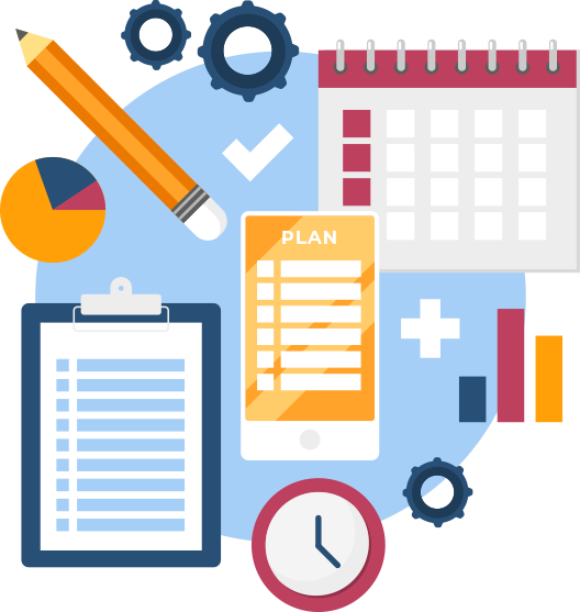 Planning icons with calendar, clipboard, phone, pencil, gears, chart, and clock.