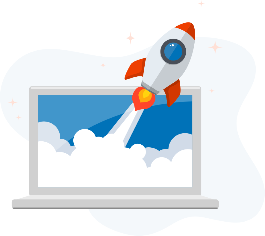 Computer with rocket taking off